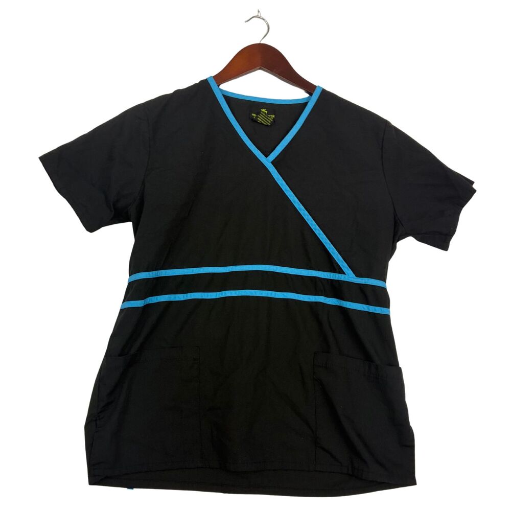 Natural Uniforms Womens Scrub Top M Black Blue Trim Wrap Medical Nursing Uniform